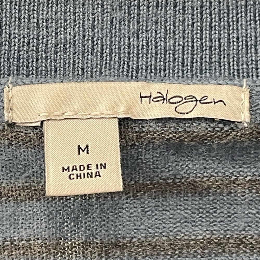 Halogen Cardigan Sweater V-Neck Merino Wool Blue Gray Stripes Women’s Size M - Picture 7 of 11